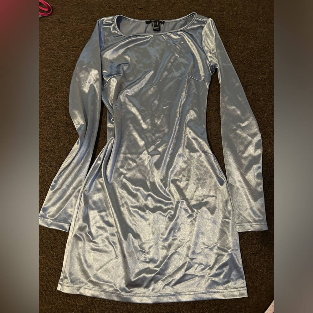 elegant forever 21 shiny light baby blue long sleeve dress